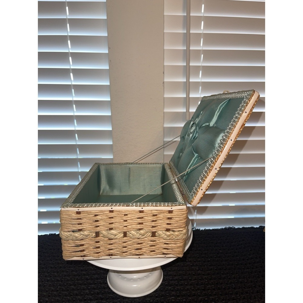 Vintage Wicker Woven Sewing Box Basket Green Satin Ratan 10" Green Tufted Lining - Picture 5 of 14
